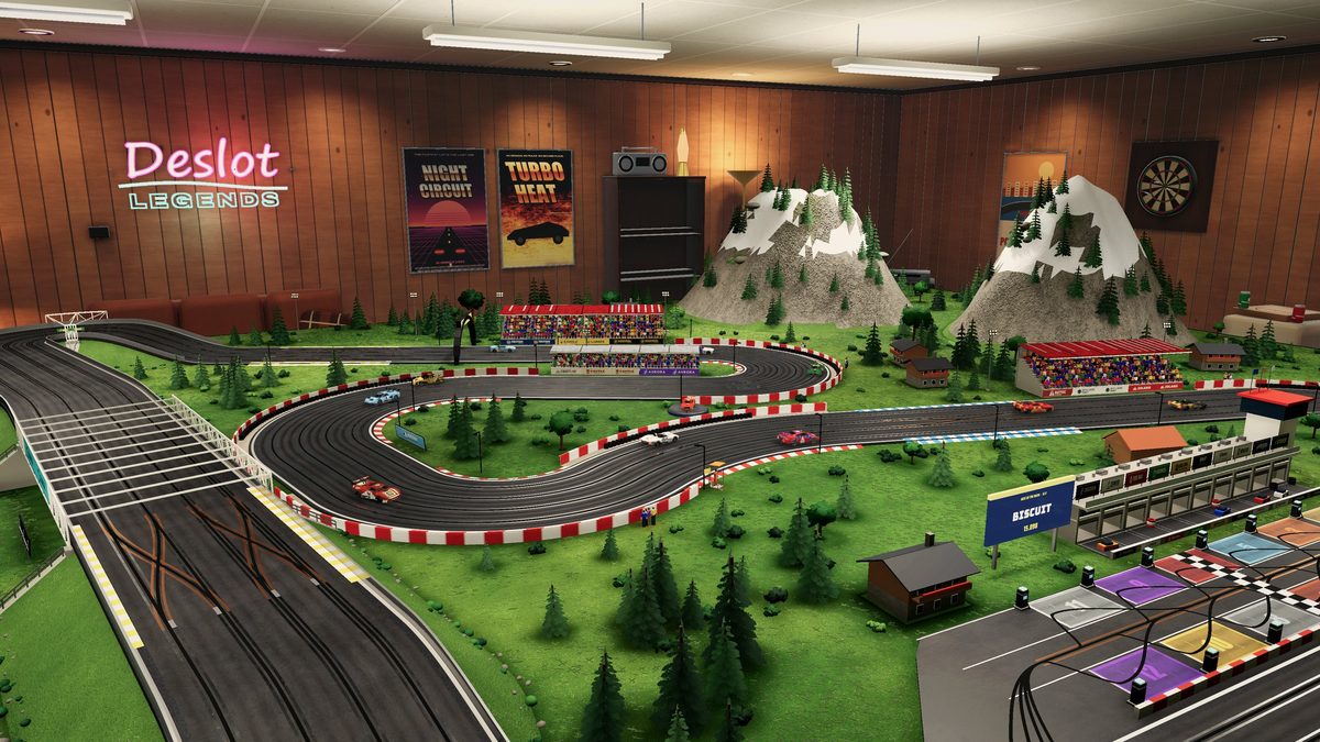 A rec room with a slot car table, from Deslot Legends