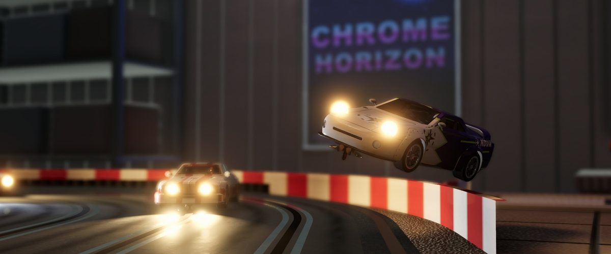 A slot car flies off a bend over the barrier, headlights blazing