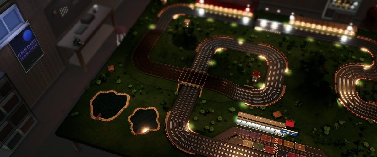 A custom figure-eight circuit built on the table in the track editor