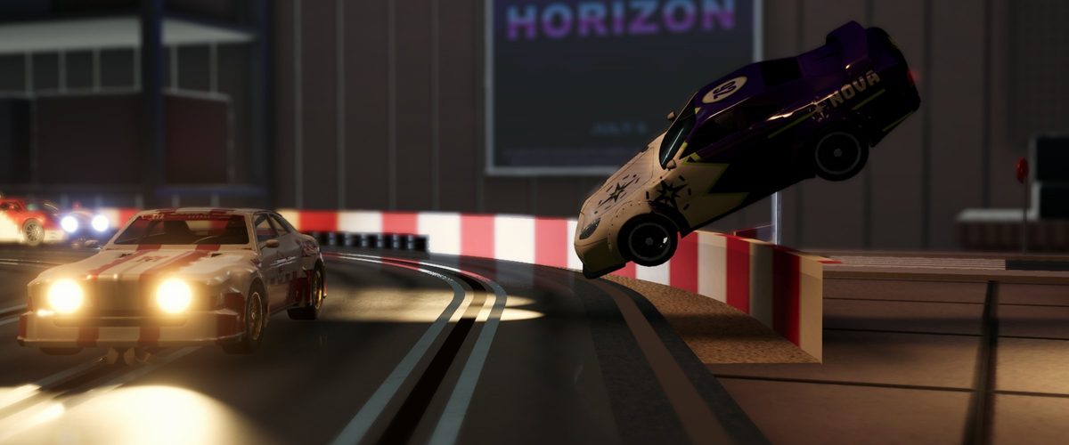 A slot car flies off a bend over the barrier, headlights blazing