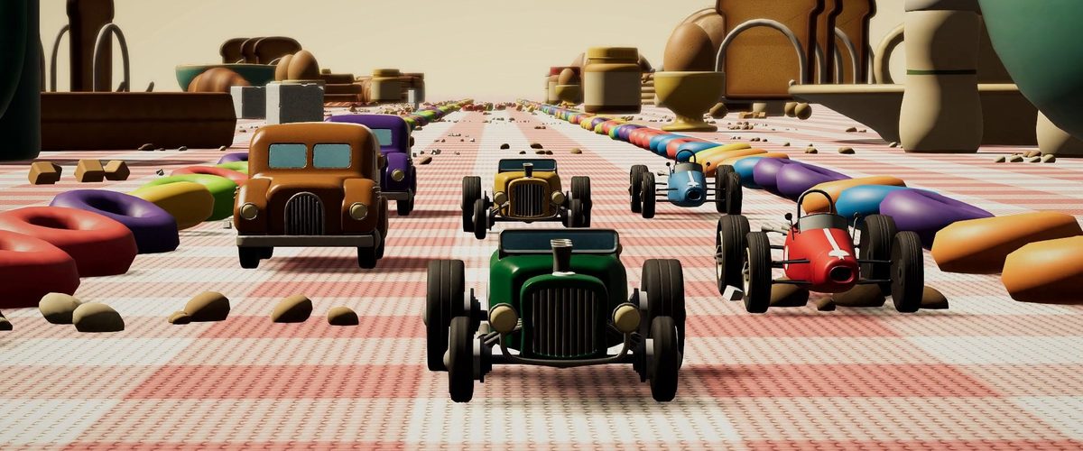 Un grupo de coches de juguete persigue a un hot rod verde por el mantel