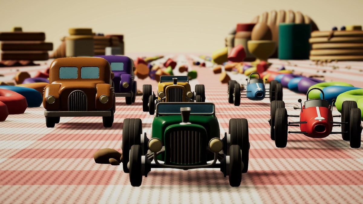 Un hot rod verde lidera el grupo por el mantel de picnic