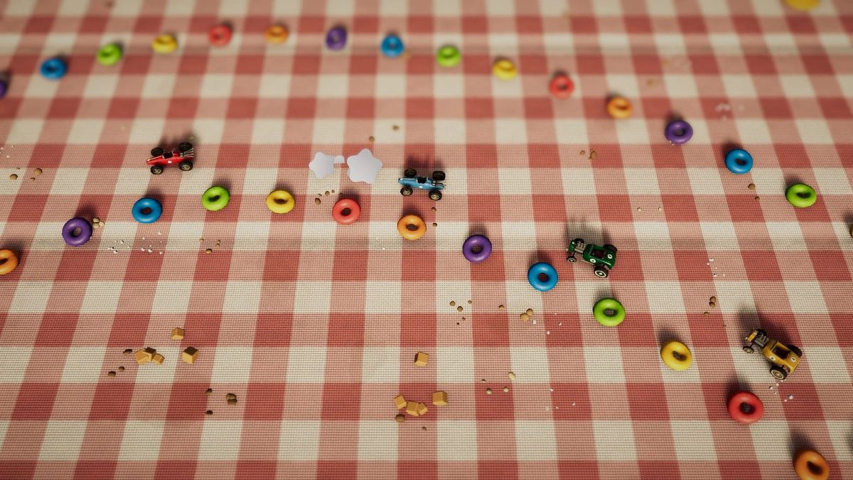 Coches zigzaguean por una chicane de aros de cereales
